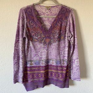 One World Womens Top Rhinestone Waffle Knit Boho Size M Purple Paisley Casual